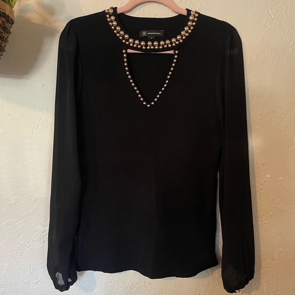 INC International Concepts Black Long Sheer Sleeve Blouse - Picture 2 of 7